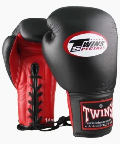 Gants de Muay Thai Twins Special BGLL-1 Noir-Rouge avec lacets