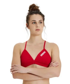 Top de bikini liso arena Performance para mujer – Rojo Blanco