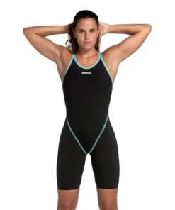 Traje de competición a la rodilla con espalda abierta para mujer arena Powerskin Primo – Negro/Verde Azulado