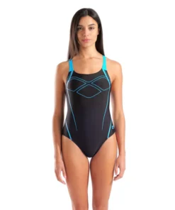 Bañador arena Feel para mujer Graphic Swim Pro Back – Negro/Turquesa