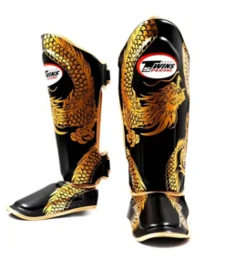 Twins Double Padded Leather Shin Guards – Dragon Black/Gold