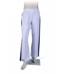 Pantalon Yoseikan Budo Noris Blanc Bandes Bleu Nuit Coton