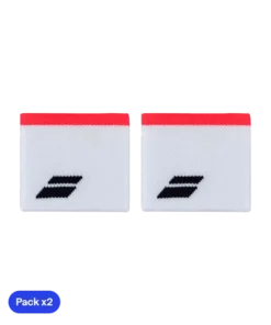 Muñequeras Babolat Blancas Logo Negro Franja Roja (Pack x2)